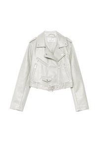 Veste de moto en cuir argentée, cropped, avec un col cranté, des poches zippées et une ceinture ajustable. Texture lisse, design ajusté.