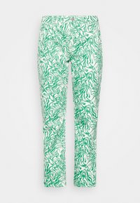 Calças jeans com padrão verde e branco, com um design fluido e ondulado. Feitas de um tecido macio, com estilo clássico de cinco bolsos e fecho éclair.