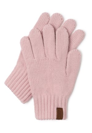 Puha rózsaszín kötött kesztyű, bordázott mandzsettával és barna bőrcímkével. Ötujjas kialakítás, texturált felülettel a melegség érdekében.