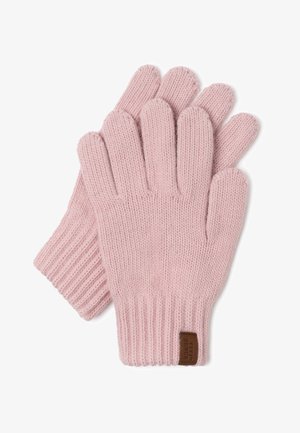 Strikkede handsker i blød lyserød med en ribbet manchet og et brunt lædermærke. Fem-finger design med en tekstureret overflade for varme.