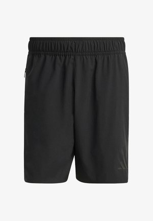 Black athletic shorts made of lightweight fabric. Features an elastic waistband, side pockets, and a subtle logo accent near the hem.