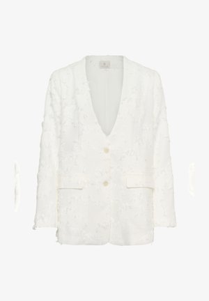 Valge tekstuuriga bleiser pikkade varrukatega, kahe eesnupu ja klapiga taskutega, mis on kaunistatud õrna lillemustriga ning mille krae sees on silt.