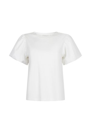 Weiße Kurzarmbluse mit aufgepufften Ärmeln und rundem Ausschnitt, auf weißem Hintergrund präsentiert.