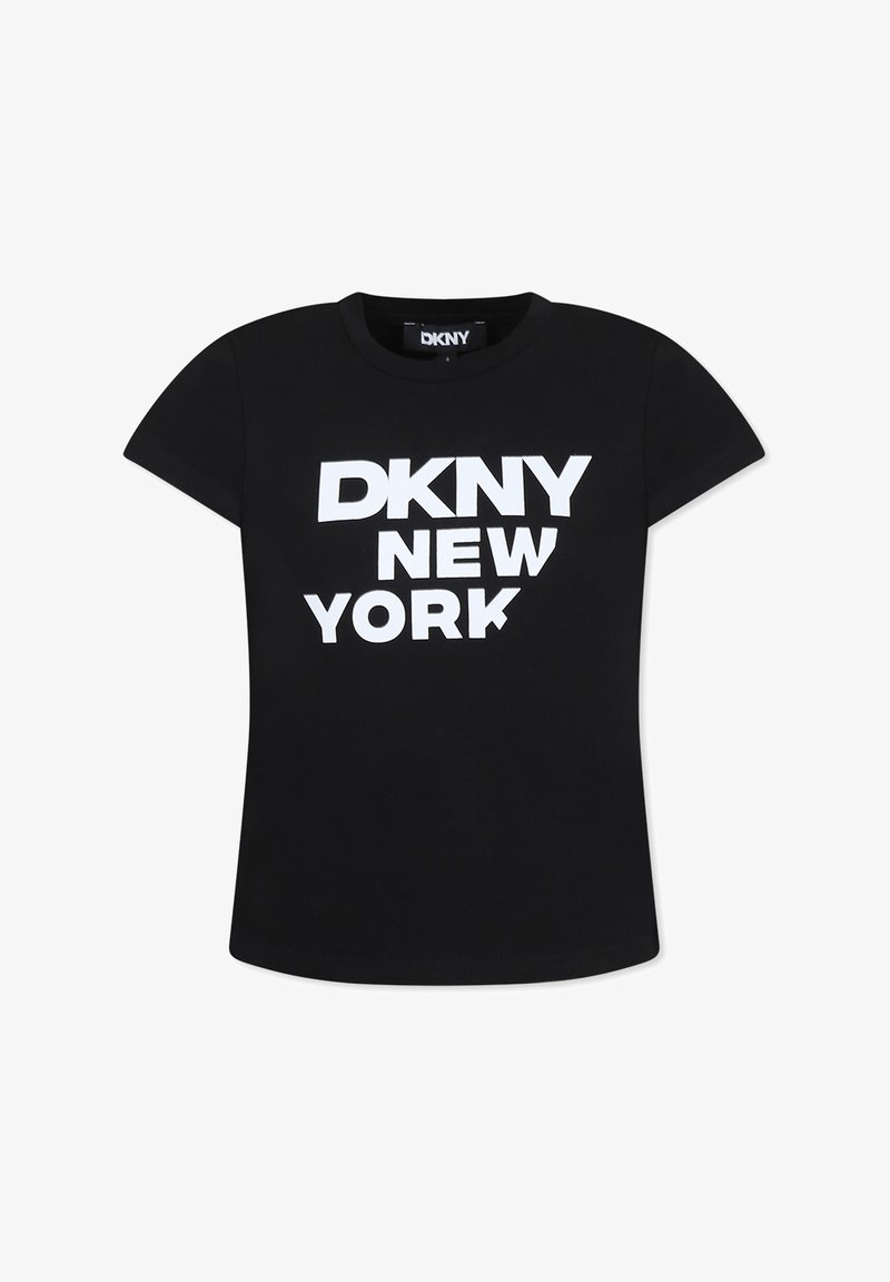Zwarte katoen t-shirt met korte mouwen, met centraal op de voorkant in vette witte letters "DKNY NEW YORK". Standaard ronde hals.