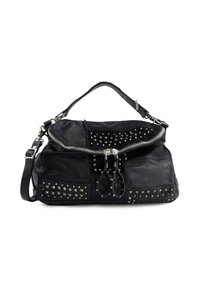 Czarna skórzana torebka na ramię z srebnym zamkiem błyskawicznym, ćwiekami i dwoma uchwytami, z patchworkowym wzorem i regulowanym paskiem na ramię.