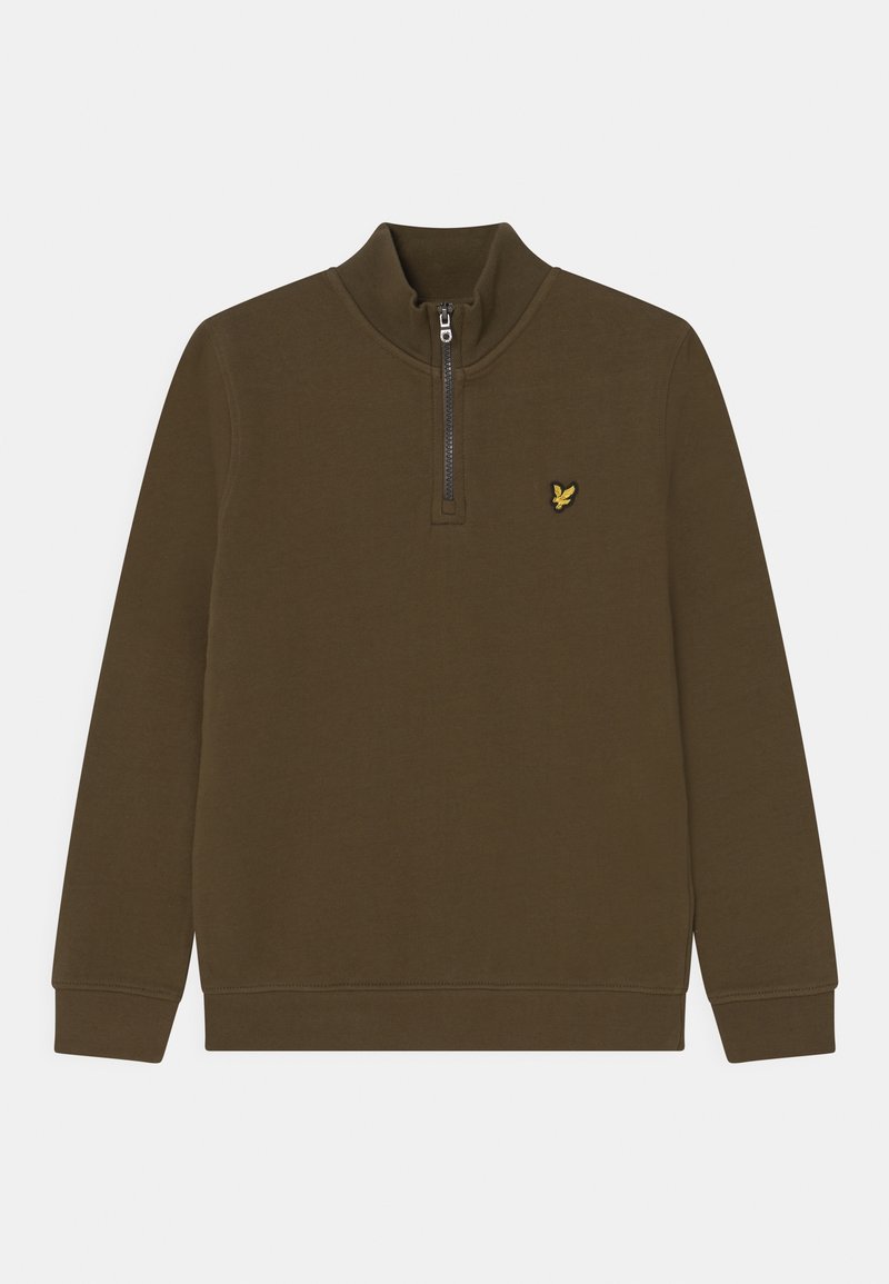 Pull-over vert olive à demi-fermeture éclair avec manches longues, poignets côtelés, col montant et petit logo d'oiseau jaune sur la poitrine gauche.