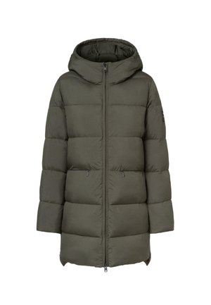 Giubbotto imbottito verde oliva con cappuccio, chiusura a zip, texture trapuntata e tasche laterali. Presenta un design lungo fino al ginocchio e maniche ampie.