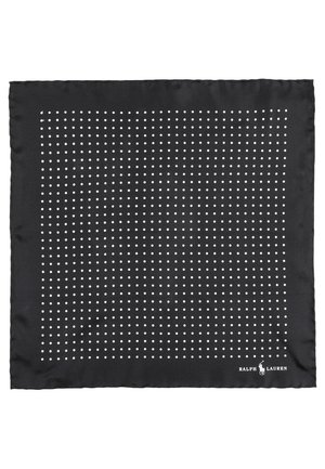 Écharpe en soie noire ornée d'un quadrillage de pois blancs avec une finition satinée. Comprend le logo Ralph Lauren dans le coin inférieur droit.