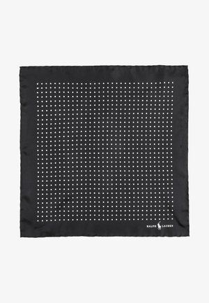 Black silk scarf featuring a grid of white polka dots with a satin finish. Includes Ralph Lauren logo in the bottom right corner.