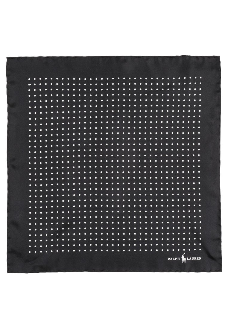 Μαύρο μεταξωτό φουλάρι με πλέγμα λευκών πουα και σατινέ φινίρισμα. Περιλαμβάνει το λογότυπο Ralph Lauren στην κάτω δεξιά γωνία.