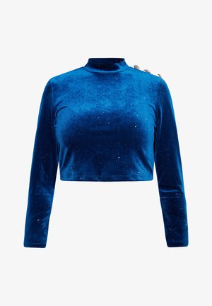 Bluza scurtă din catifea albastră, cu mâneci lungi, guler înalt și trei butoane decorative pe o umăr. Impresiuni subtile pe țesătură.