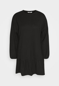 Černé dlouhé šaty s dlouhým rukávem, kulatým výstřihem, strukturální látkou a volánovým lemem. Volný střih s mírně nabranými rukávy.