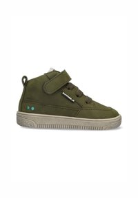 Groene suède hoge sneakers met een klittenbandsluiting, veters detail en een gestructureerde rubberen zool. Bevat kleine blauwe accenten aan de zijkant.