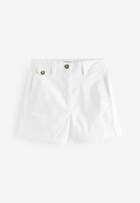 Pantalones cortos de algodón blancos con dos bolsillos frontales, acentos de botón en tono dorado y una textura suave. Ajuste entallado con un acabado dobladillo.