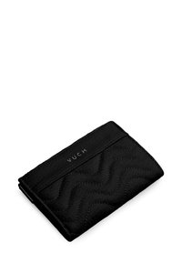 Black leather wallet with a wavy quilted design, featuring a smooth texture and a logo embossed on the front. Compact and rectangular shape.