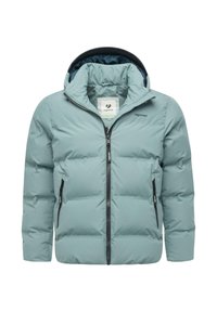 Giacca a vento azzurro chiaro con cappuccio, chiusura a zip frontale e due tasche laterali. Presenta una texture trapuntata e un dettaglio del logo sul petto.