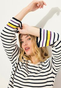 Maglione a righe con blu navy, crema e accenti colorati sulle maniche; texture a maglia morbida; scollo rotondo; vestibilità rilassata; design casual.