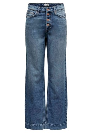 Dżinsy z wysokim stanem w kolorze niebieskim z szerokimi nogawkami, cztery widoczne miedziane guziki, przednie kieszenie oraz metka marki na pasku taliowym.