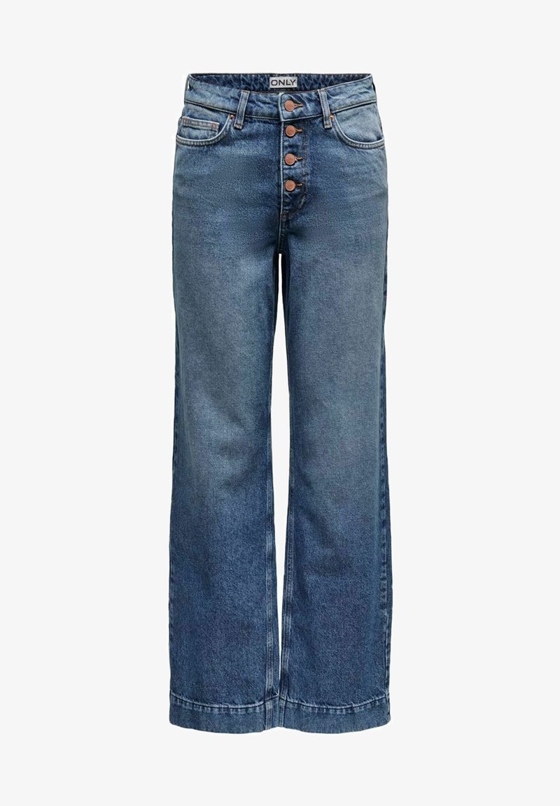 Jean en denim bleu taille haute à jambes larges, avec quatre boutons en cuivre visibles, des poches frontales et une étiquette de marque sur la ceinture.