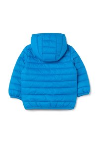 Blaues Puffer-Jacke mit Kapuze, mit horizontalen Steppnähten, elastischen Bündchen und einem leicht gerafften Saum für eine enge Passform.