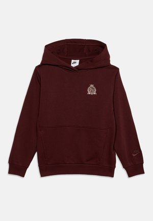 Mørkerød Nike hættetrøje med frontlomme, lille skjoldlogo på brystet og Nike-logo på venstre ærme.