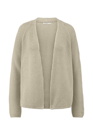 Lichtgroene gebreide cardigan met een open voorkant, geribbelde textuur en drop shoulders, met een ontspannen pasvorm en zonder sluitingen.
