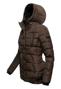 Brown padded jacket with a hood, featuring a zippered chest pocket, side pockets, and ribbed cuffs. Smooth, quilted fabric finish.