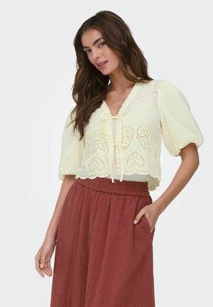 Femme aux longs cheveux bruns portant un chemisier en dentelle écru à œillets avec des manches bouffantes et un pantalon large couleur rouille, une main dans la poche.