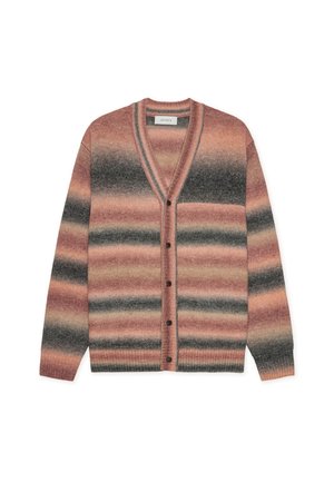 Cardigan rayé présentant des nuances de rose, gris et noir ; fabriqué en matériau doux avec un col en V, une fermeture boutonnée et des poignets côtelés.