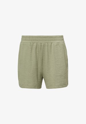 Lichtgroene korte broek van gestructureerde stof, met een elastische tailleband en geen zichtbare zakken. Eenvoudig, recht model.