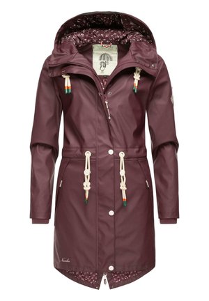 Burgundy waterproof jacket with a drawstring hood, white toggles, and floral patterned lining. Features snap and zipper closure.