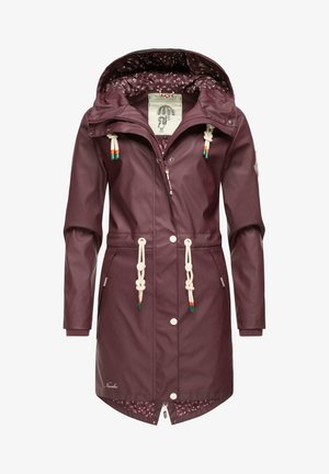 Burgundy waterproof jacket with a drawstring hood, white toggles, and floral patterned lining. Features snap and zipper closure.