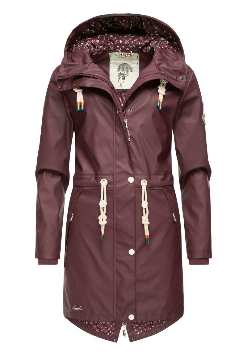 Burgundy waterproof jacket with a drawstring hood, white toggles, and floral patterned lining. Features snap and zipper closure.