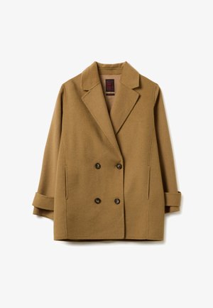 Brauner Wollmischung-Doppelreihiger Mantel mit Reverskragen, zwei Vorderaschen und knopfartigen Akzenten. Mit aufgeschlagenen Manschetten und einer weichen Textur.