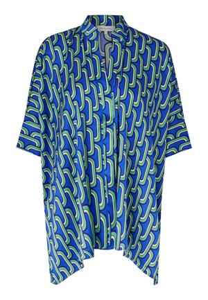 Top in stile kimono in satin blu, con un motivo geometrico in verde, bianco e rosa. Maniche corte e vestibilità rilassata.