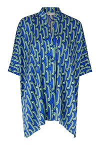 Luftiges Kimono-Oberteil in leuchtendem Blau, mit geometrischem Muster in Grün, Weiß und Pink. Mit kurzen Ärmeln und ohne Kragen.