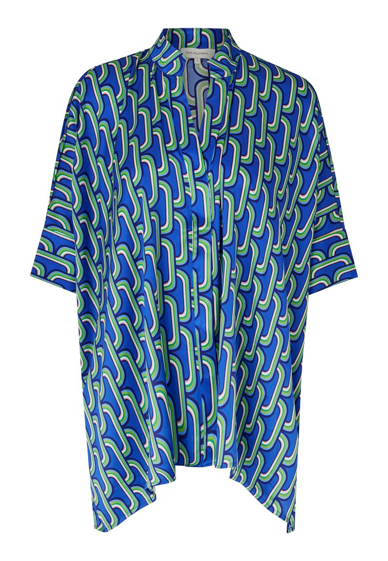 Luftiges Kimono-Oberteil in leuchtendem Blau, mit geometrischem Muster in Grün, Weiß und Pink. Mit kurzen Ärmeln und ohne Kragen.
