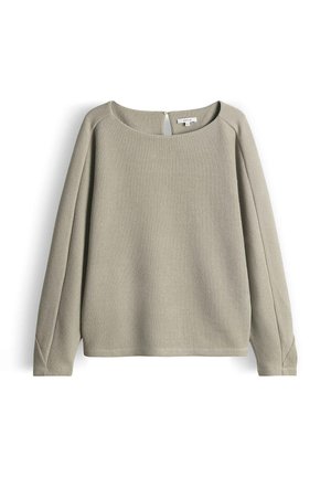 Long-sleeve, light beige ribbed knit sweater with round neckline and back button closure, laid flat on white background.