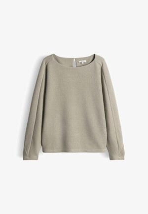 Long-sleeve, light beige ribbed knit sweater with round neckline and back button closure, laid flat on white background.