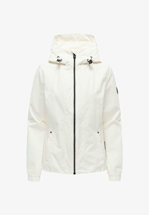 Veste blanche à capuche avec fermeture éclair noire et cordons ajustables, dotée de poches latérales et de poignets élastiques.