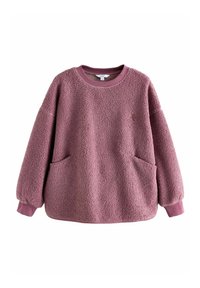Fleece džemperis purpurinės spalvos su tekstūruota paviršiumi, laisvas kirpimas, apvali iškirptė, dvi priekinės kišenės ir gumbiniai rankogaliai.