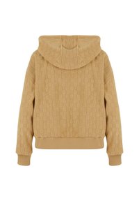 Hanorac texturat de culoare bej, cu un model în carouri, cu glugă și manșete și tiv din tricot, realizat dintr-un material moale.