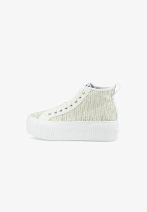 High-top sneaker with a textured white knit upper, white rubber sole, and round toe. Features white eyelets and a loop at the heel.