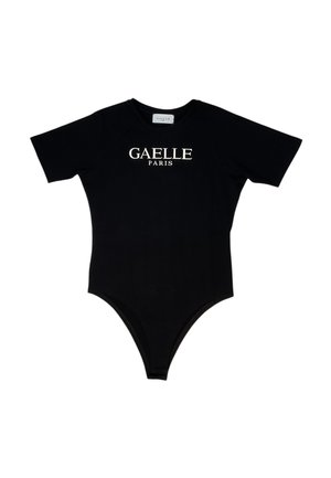 Body nero a maniche corte con scollo tondo, con scritta bianca "GAELLE PARIS" sul petto.