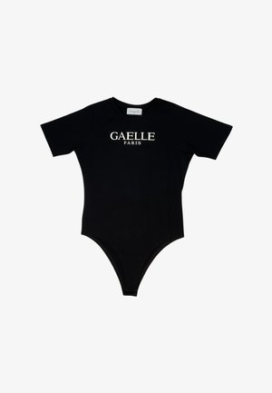 Body nero a maniche corte con scollo tondo, con scritta bianca "GAELLE PARIS" sul petto.