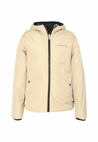 Giacca a vento beige con cappuccio, zip frontale e accenti neri. Presenta un logo sul petto e coulisse regolabili all'orlo.