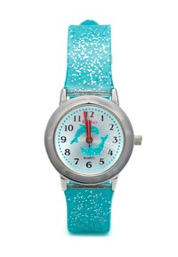 Montre à quartz avec un boîtier argenté, un bracelet en silicone turquoise pailleté et un cadran bleu clair présentant des motifs de dauphins et une aiguille des heures rouge.