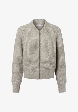 Siv volneni bomber jakna z teksturirano zigzag vzorcem, ki ima zadrgo in rebrastimi manšetami ter robom. Narejena iz mehkega, toplega materiala.