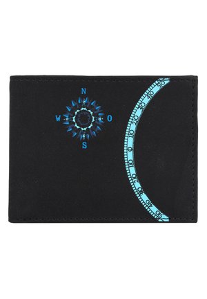 Schwarzes Portemonnaie mit einem blauen Kompassdesign, das Richtungsbuchstaben (N, O, S, W) und eine halbkreisförmige Skala entlang der Kante aufweist.