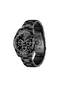 Schwarze Edelstahl-Uhr mit runder Gehäuseform, drei kleinen Zifferblättern, Tachymeterskala und einem Gliederarmband. Verfügt über ein schwarzes Zifferblatt und silberne Akzente.